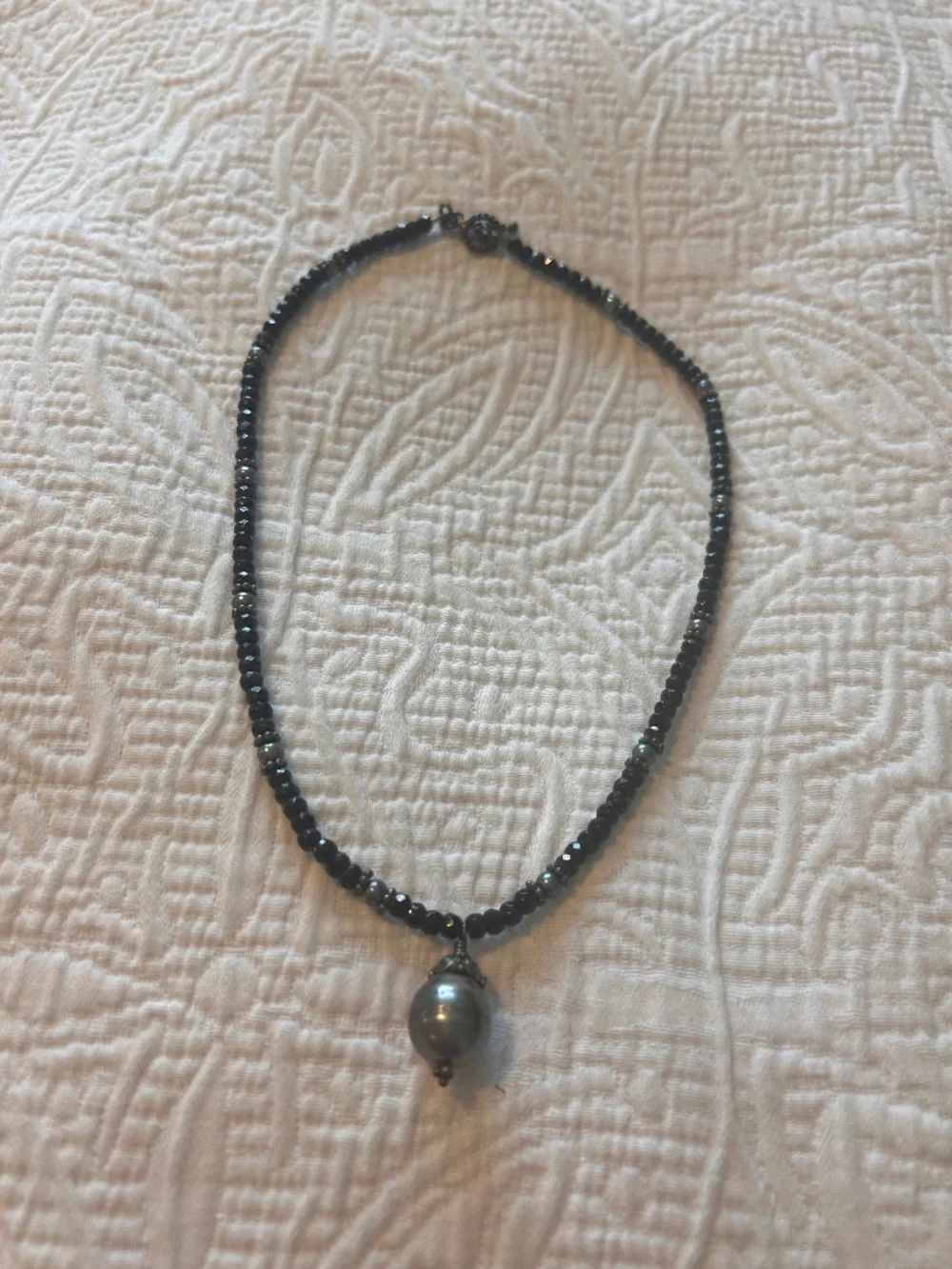 16” Black Spinel, and Sterling Beaded Choker With Large Fresh Water Gray Pearl